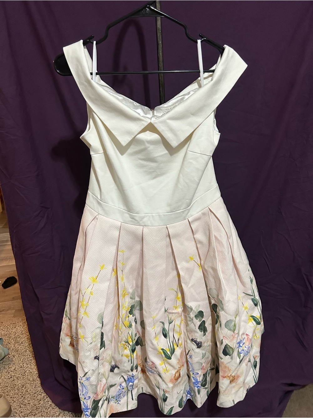 Womans White and Light Pink Floral Fit-and-Flare Dress
